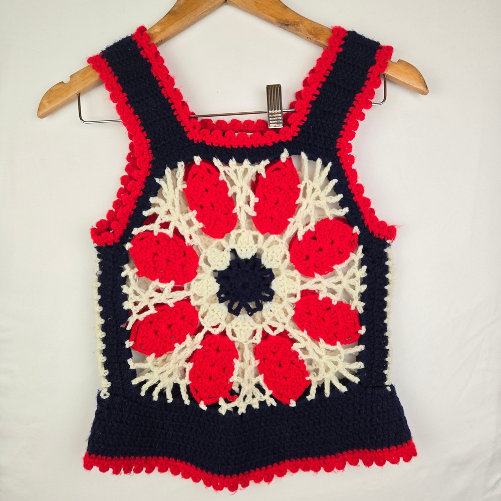 Vintage Origiknits Crochet Knit Tank Top Red White Blue Floral Sunburst